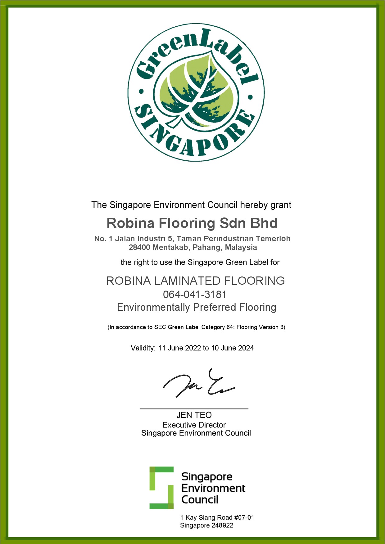 Robina # Singapore Green Label Cert-1